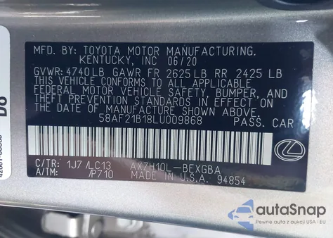 2020 Lexus Es 300H Ultra Luxury z USA, uszkodzony, nr VIN 58AF21B18LU009868